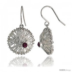 Sterling Silver Round Filigree Dangle Earrings w/ Brilliant Cut Amethyst-colored CZ Stone, 13/16" (20 mm) tall