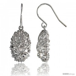 Sterling Silver Oval Filigree Dangle Earrings w/ Brilliant Cut CZ Stone, 13/16" (20 mm) tall