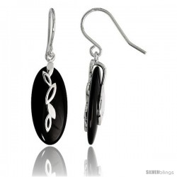 Oval-shaped Black Onyx Dangle Earrings w/ Leaves in Sterling Silver, 15/16" (24 mm) tall