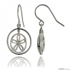 High Polished Flower & Circles Dangle Earrings in Sterling Silver, w/ Brilliant Cut CZ Stone, 3/4" (19 mm) tall