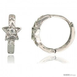 Sterling Silver Tiny Star Huggie Hoop Earrings w/ Brilliant Cut CZ Stones, 3/8" (10 mm)