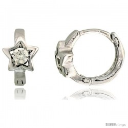 Sterling Silver Star Huggie Hoop Earrings w/ Brilliant Cut CZ Stone, 3/8" (10 mm)