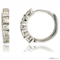 Sterling Silver Tiny Huggie Hoop Earrings w/ Brilliant Cut CZ Stones, 7/16" (11 mm)
