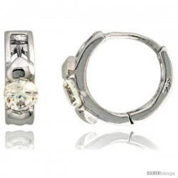 Sterling Silver Huggie Hoop Earrings w/ Double Teeny Hearts, w/ Brilliant Cut CZ Stone, 7/16" (11 mm)