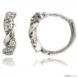 Sterling Silver Huggie Hoop Swirl Earrings w/ Brilliant Cut CZ Stones, 7/16" (11 mm)