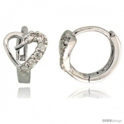 Sterling Silver Heart Cut Out Huggie Hoop Earrings w/ Brilliant Cut CZ Stones, 3/8" (10 mm)