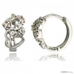 Sterling Silver Double Heart Cut Out Huggie Hoop Earrings w/ Brilliant Cut CZ Stones, 7/16" (11 mm)