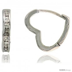 Sterling Silver Heart-shaped Huggie Hoop Earrings w/ Brilliant Cut CZ Stones, 9/16" (14 mm)