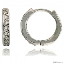 Sterling Silver Tiny Huggie Hoop Earrings w/ Brilliant Cut CZ Stones, 7/16" (11 mm) -Style Ecz212