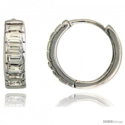 Sterling Silver Huggie Hoop Earrings w/ Emerald Cut CZ Stones, 1/2" (13 mm)