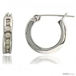 Sterling Silver Huggie Hoop Earrings w/ Brilliant Cut CZ Stones, 9/16" (14 mm)