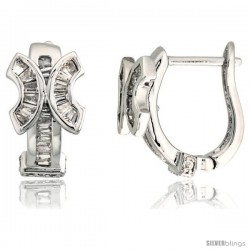 Sterling Silver U-shaped Huggie Hoop Earrings w/ Butterfly-like Accent, w/ Baguette & Brilliant Cut CZ Stones, 5/8" (16 mm) tall