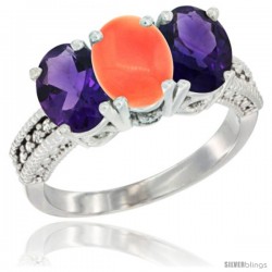 14K White Gold Natural Coral & Amethyst Ring 3-Stone 7x5 mm Oval Diamond Accent