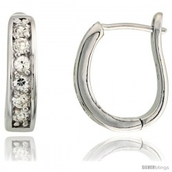 Sterling Silver U-shaped Huggie Hoop Earrings w/ Brilliant Cut CZ Stones, 11/16" (17 mm) tall