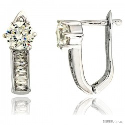 Sterling Silver V-shaped Huggie Earrings w/ Baguette & Brilliant Cut CZ Stones, 5/8" (16 mm) tall