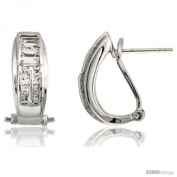 Sterling Silver French Clip Huggie Earrings w/ Baguette & Brilliant Cut CZ Stones, 11/16" (18 mm) tall