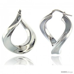 Sterling Silver Twisted Design Italian Puffy Hoop Earrings with White Gold Finish, 1 5/16 in. 33mm tall