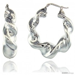 Sterling Silver Italian Puffy Hoop Earrings Twisted Design w/ White Gold Finish, 1 9/16 in. 39mm tall