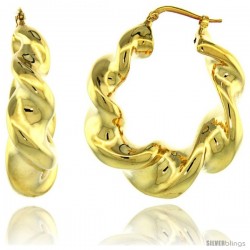Sterling Silver Italian Puffy Hoop Earrings Twisted Design w/ Yellow Gold Finish, 1 9/16 in. 39mm tall