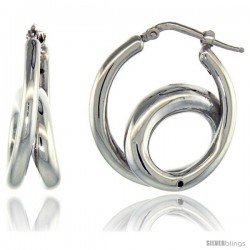 Sterling Silver Italian Puffy Hoop Earrings Double Loop Design w/ White Gold Finish, 1 1/16 in. 26mm tall