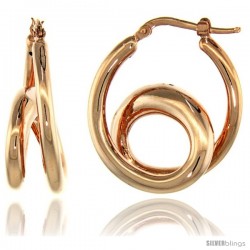 Sterling Silver Italian Puffy Hoop Earrings Double Loop Design w/ Rose Gold Finish, 1 1/16 in. 26mm tall