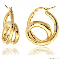 Sterling Silver Italian Puffy Hoop Earrings Double Loop Design w/ yellow Gold Finish, 1 1/16 in. 26mm tall