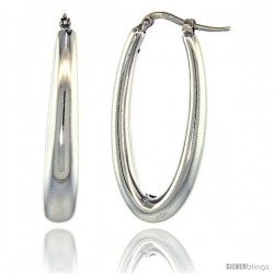 Sterling Silver Italian Puffy Hoop Earrings Plain Oval Shape Design w/ White Gold Finish, 1 3/8 in. 35mm tall