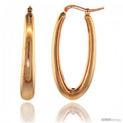 Sterling Silver Italian Puffy Hoop Earrings Plain Oval Shape Design w/ Rose Gold Finish, 1 3/8 in. 35mm tall