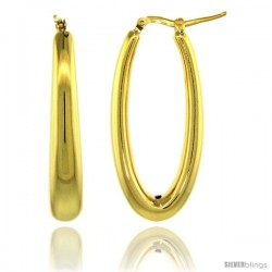 Sterling Silver Italian Puffy Hoop Earrings Plain Oval Shape Design w/ Yellow Gold Finish, 1 3/8 in. 35mm tall