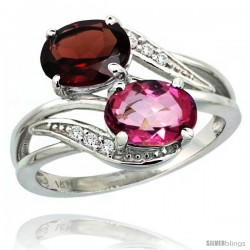 14k White Gold ( 8x6 mm ) Double Stone Engagement Pink Topaz & Garnet Ring w/ 0.07 Carat Brilliant Cut Diamonds & 2.34 Carats