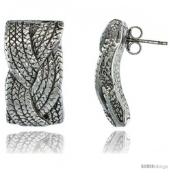 Sterling Silver Italian Puffy Post Earrings French Rope Braid Design w/ White Gold Finish, 1 in. 25mm tall