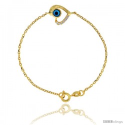 Sterling Silver (Gold Plated) 6.75 in. Cable Link Chain Bracelet Jeweled Heart Evil Eye Charm