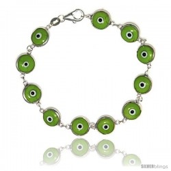 Sterling Silver Apple Green Color Evil Eye Bracelet, 7 in long