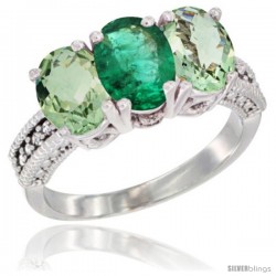 14K White Gold Natural Emerald & Green Amethyst Sides Ring 3-Stone 7x5 mm Oval Diamond Accent