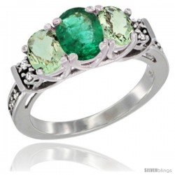 14K White Gold Natural Emerald & Green Amethyst Ring 3-Stone Oval with Diamond Accent