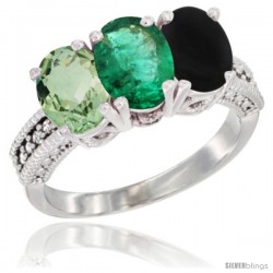 14K White Gold Natural Green Amethyst, Emerald & Black Onyx Ring 3-Stone 7x5 mm Oval Diamond Accent