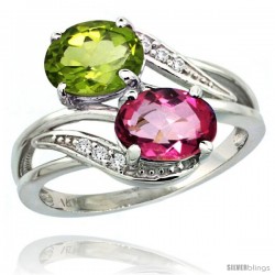 14k White Gold ( 8x6 mm ) Double Stone Engagement Pink Topaz & Peridot Ring w/ 0.07 Carat Brilliant Cut Diamonds & 2.34 Carats