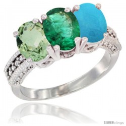 14K White Gold Natural Green Amethyst, Emerald & Turquoise Ring 3-Stone 7x5 mm Oval Diamond Accent