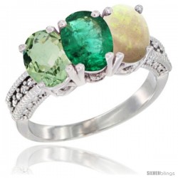 14K White Gold Natural Green Amethyst, Emerald & Opal Ring 3-Stone 7x5 mm Oval Diamond Accent