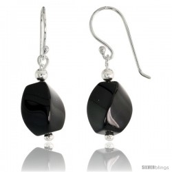 Sterling Silver Dangle Earrings, w/ Beads & Twisted Black Obsidian, 1 3/16" (30 mm) tall