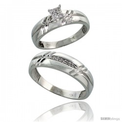 10k White Gold Diamond Engagement Rings 2-Piece Set for Men and Women 0.10 cttw Brilliant Cut, 5.5mm & 6mm wide