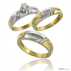 10k Yellow Gold Diamond Trio Wedding Ring Set His 6mm & Hers 5.5mm