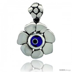 Sterling Silver Flower Shape Navy Blue Color Evil Eye Pendant, 3/4 in wide