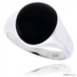 Sterling Silver Concaved Ladies' Ring w/ a Round-shaped Jet Stone, 9/16" (14 mm) wide