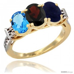 10K Yellow Gold Natural Swiss Blue Topaz, Garnet & Lapis Ring 3-Stone Oval 7x5 mm Diamond Accent