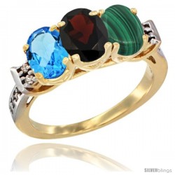 10K Yellow Gold Natural Swiss Blue Topaz, Garnet & Malachite Ring 3-Stone Oval 7x5 mm Diamond Accent