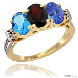 10K Yellow Gold Natural Swiss Blue Topaz, Garnet & Tanzanite Ring 3-Stone Oval 7x5 mm Diamond Accent