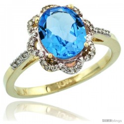 10k Yellow Gold Diamond Halo Blue Topaz Ring 1.65 Carat Oval Shape 9X7 mm, 7/16 in (11mm) wide