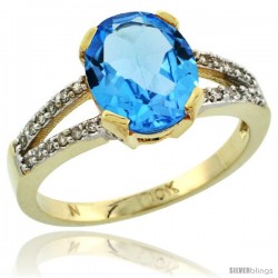 10k Yellow Gold and Diamond Halo Blue Topaz Ring 2.4 carat Oval shape 10X8 mm, 3/8 in (10mm) wide