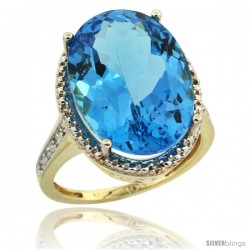 10k Yellow Gold Diamond Swiss Blue Topaz Ring 13.56 Carat Oval Shape 18x13 mm, 3/4 in (20mm) wide